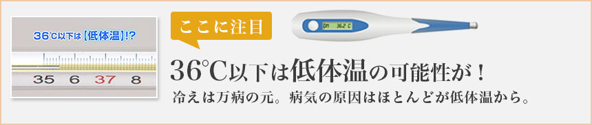 【ここに注目】36℃以下は低体温の可能性が！冷えは万病の元。病気の原因はほとんどが低体温から。